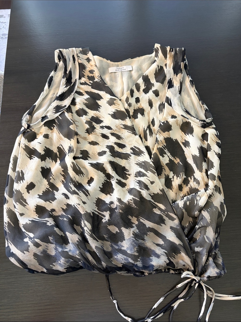 Robert Rodriguez Black and Cream Animal-Print Wrap Camisole with Tie Hem